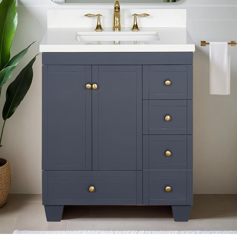  Depos 30 Inch Bathroom Vanity with Sink, Navy Blue – 100% Premium Solid Wood Vanity Cabinet – 1.5" Thick Quartz Countertop – Water-Resistant Finish – Fully Assembled
