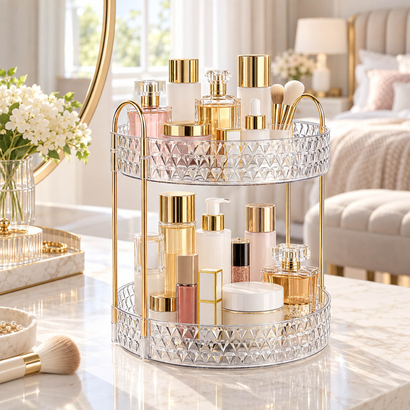 2-Tier 360° Rotating Makeup Organizer with Clear Diamond-Texture Trays