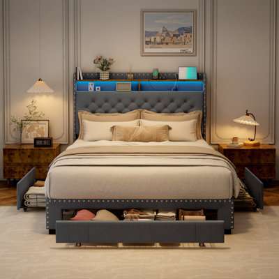 Upholstered Platform Bed Frame with 3 Drawers and RGB LED Lights, Bed with Storage Headboard and Charging Station