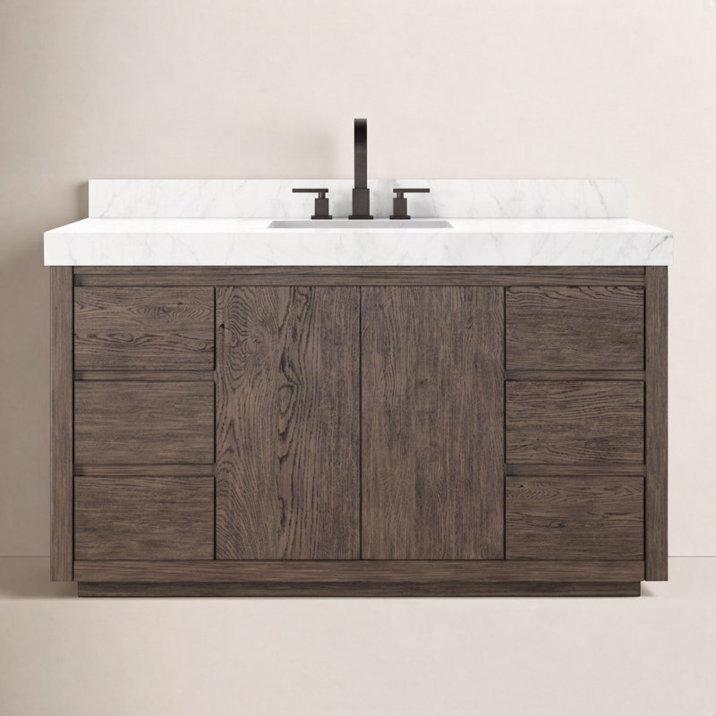 Everett Single Wide Vanity-Satin Light Wash Oak, Satin Espresso Oak