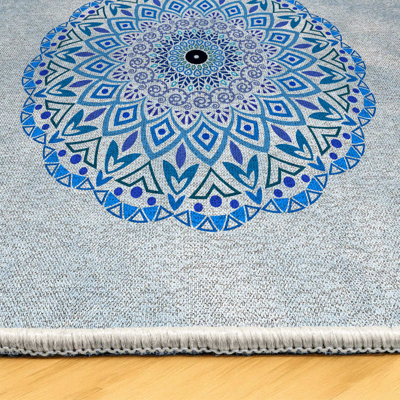 Mandala Collection Digital Print Cotton-Polyester Geometric Blue Gray Rug, Runner 2'8" x 7'3"