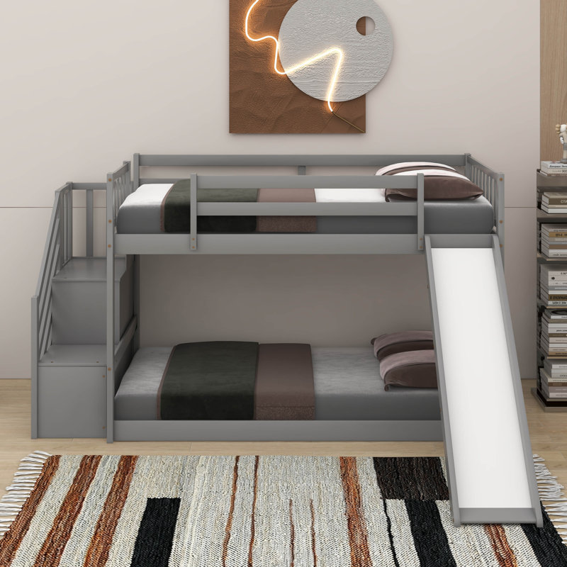 Twin Over Twin Bunk Bed With Convertible Slide And Stairway, Gray