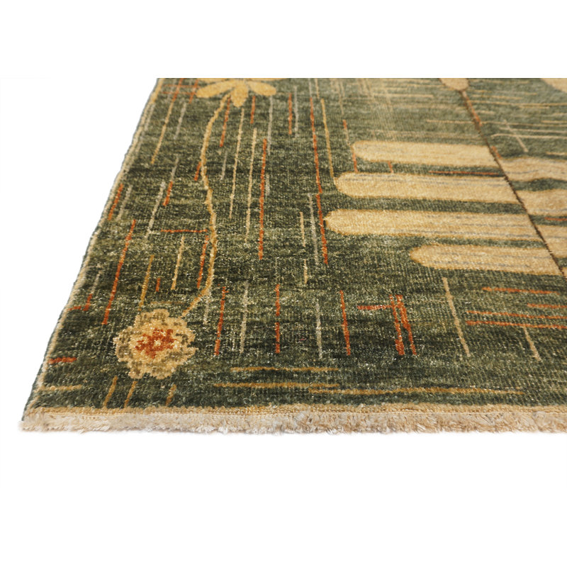 Whimsical Hand Knotted Wool Floral Area Rug in Green, Rectangle 8' x  10'