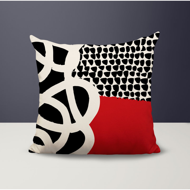 Oreiller carré réversible intérieur / extérieur Deo, H 17 po x l 17 po, Rouge / noir / blanc cassé abstrait