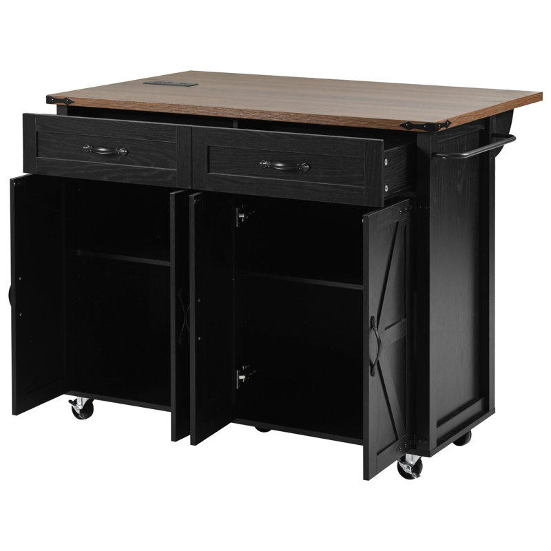 Kitchen Island With Rolling Wheels, Drop Leaf, Power Supply, Spice Rack, 53.5'' X 28.62'' 36.5'', Black For Use Storage, 53.5''W 28.62''D 36.5''H,