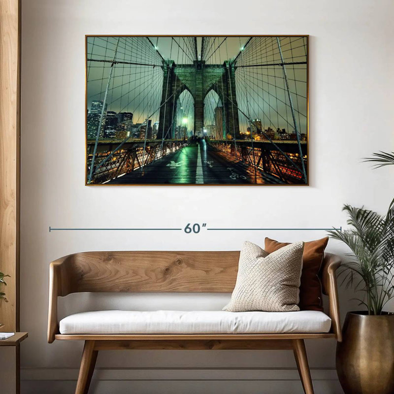 Brooklyn Bridge Nightfall, 46 po x 31 po, Cadre flottant doré