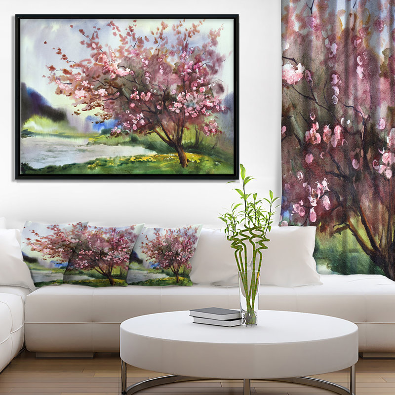 Arbre avec fleurs printanières - reproduction d'art, H 30 po x l 40 po x P 1,5 po, Toile avec cadre flottant