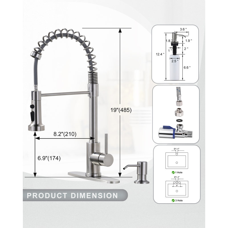 Robinet de cuisine à poignée simple avec distributeur de savon en nickel brossé, Nickel brossé