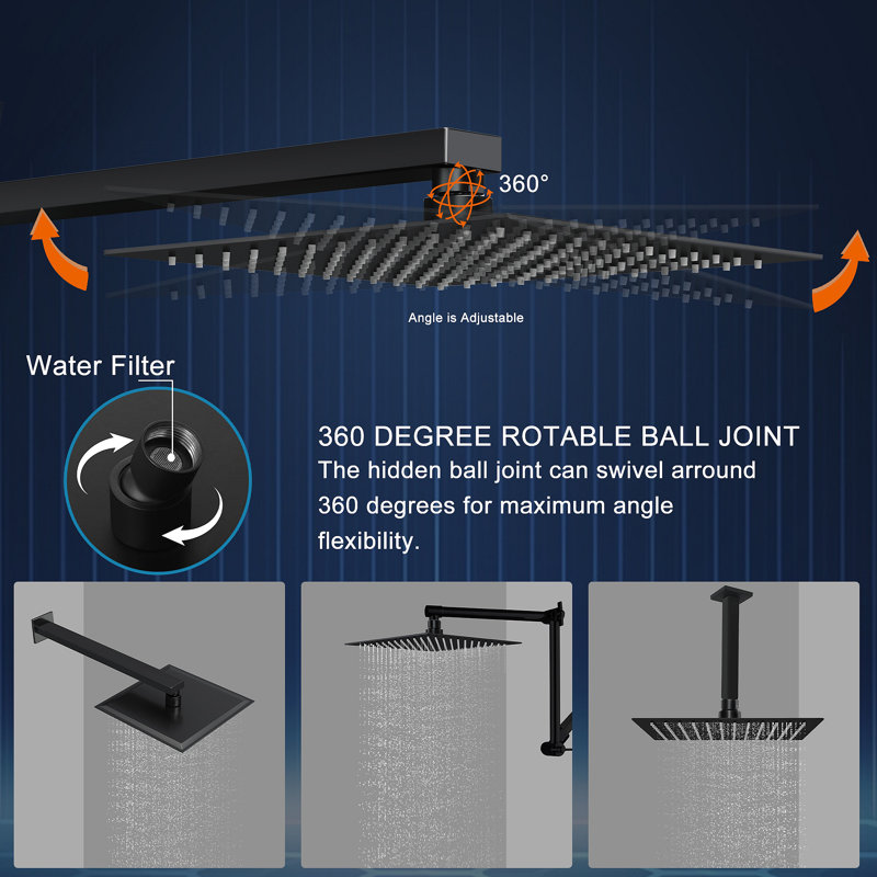 12 Inch Rain Shower Head, Square Ultra Thin 304 Stainless Steel High Pressure Shower Head Waterfall Full Body Coverage Waterfall Shower Head