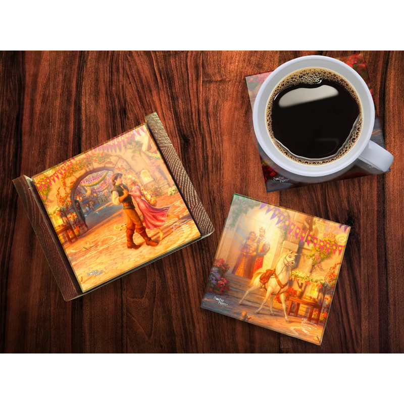 (Symboles) Ensemble de sous-verres en verre Starfire, ThomasKinkade / RapunzelDancingIn TheSunlitCourtya