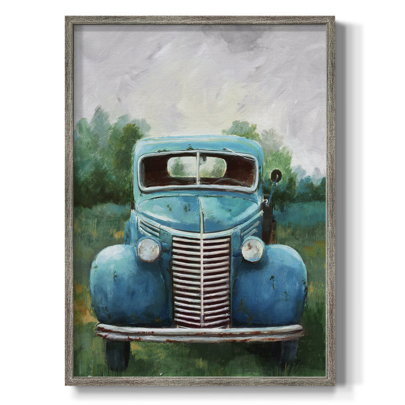 Camion bleu rétro, reproduction encadrée - bois massif, H 11 po x l 9 po
