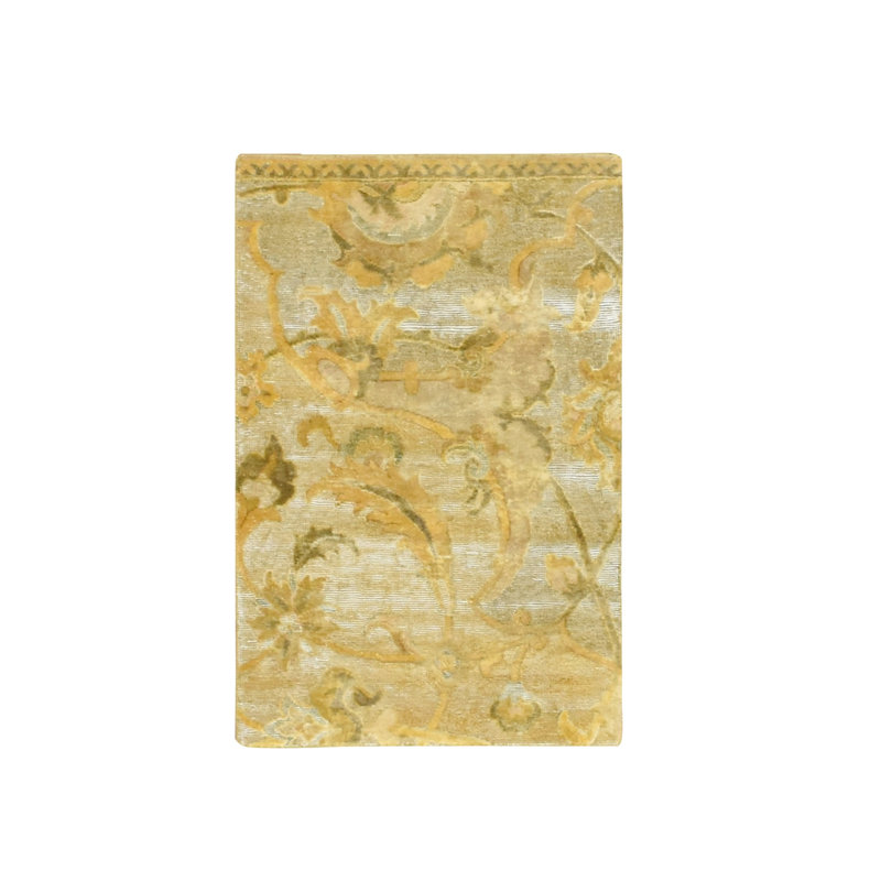 Tapis 2 pi x 3 pi jaune doré, motif d'influence persane, soie pure, délavé, délavé doré, haut et bas, noué à la main, échantillon, tapis, tapis oriental