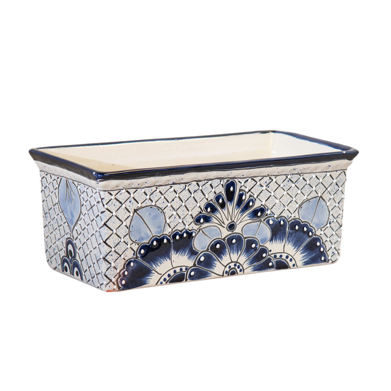 Desert Bloom Talavera Rectangular Planter in Blue & White