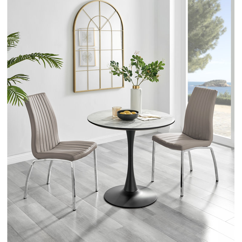 Ellis White Marble Effect Melamine Round Dining Table Set with 2 Soft Touch Faux Leather Chairs, Cappuccino