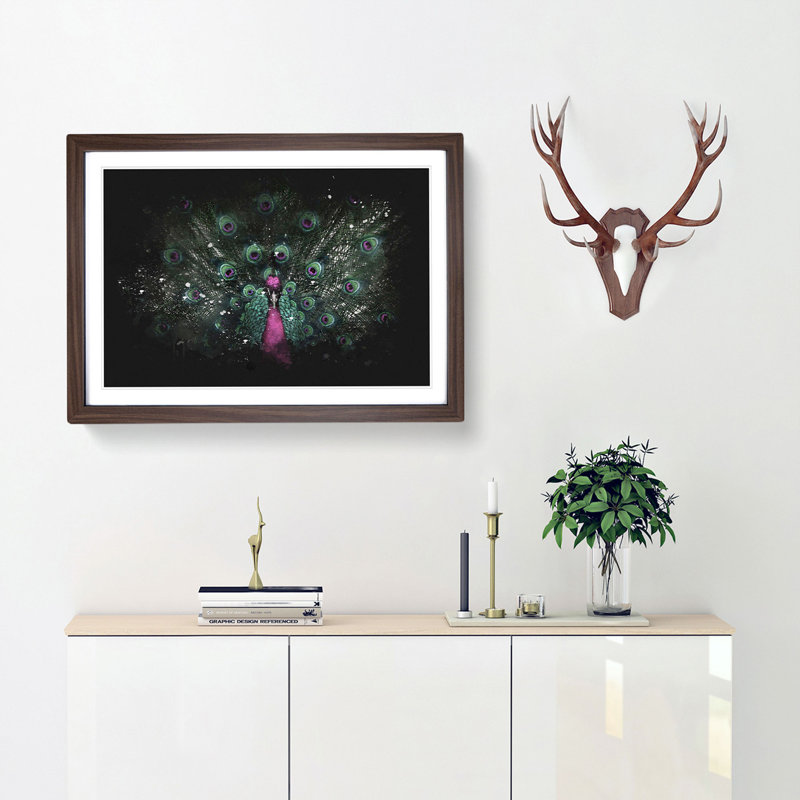 Mesmerising Pink and Green Peacock - Framed Print, 24cm H x 33cm W x 2cm D, Walnut Framed