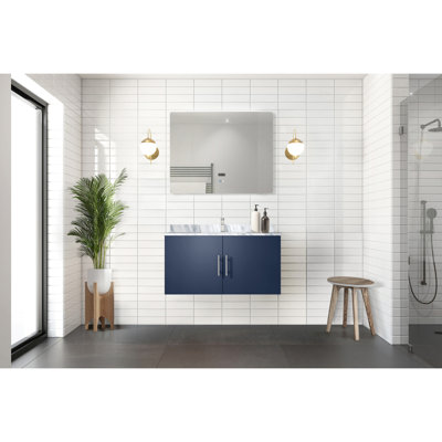 36 In. Led Mirror With Navy Blue W X 22 D Bath Vanity, Marble Top And Faucet - Finish To Scratches Stains