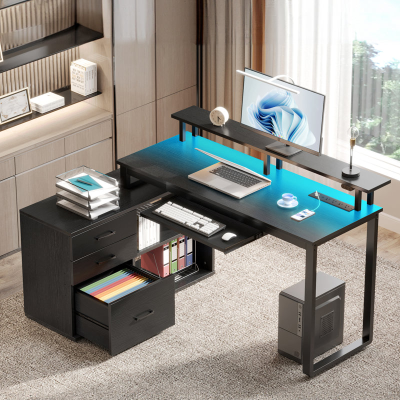 Ameliore 55.1" L Shaped Computer Desk with File Drawer, LED Lights and Keyboard Tray, Black