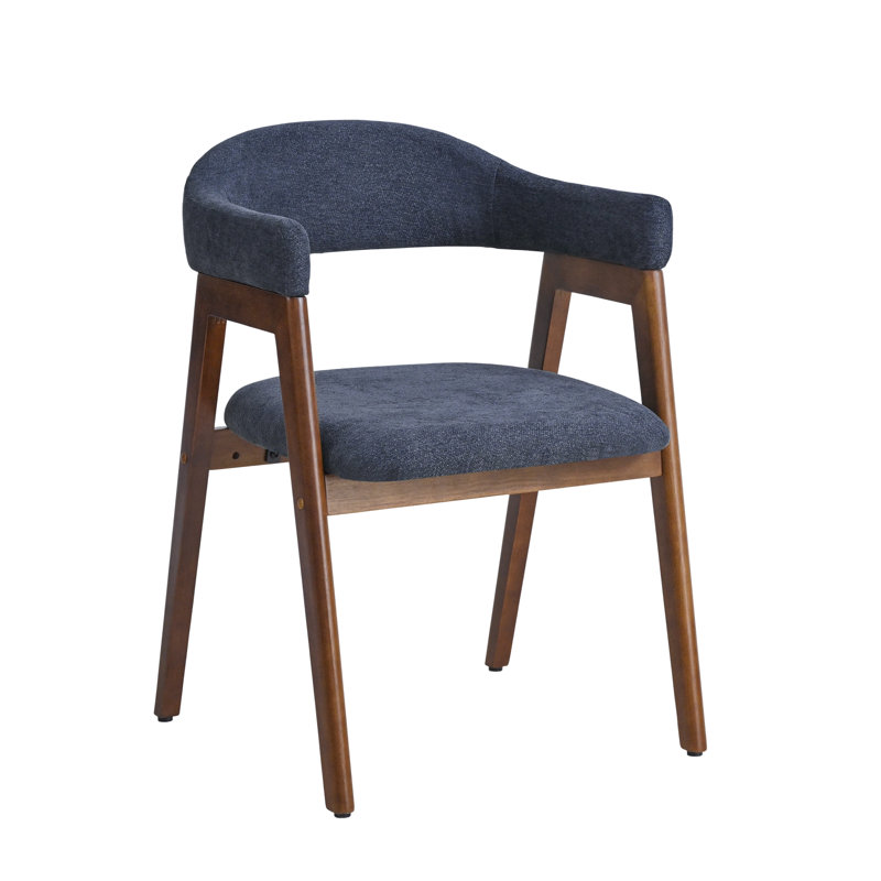 Mid-Century Modern Upholstered Dining Chair with Curved Back and Solid Wood Legs, Blue