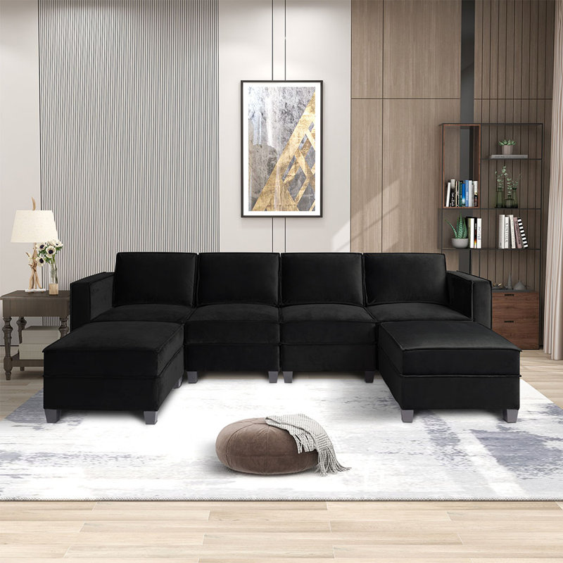 Canapé modulaire et méridienne Emmaliese, Velours noir