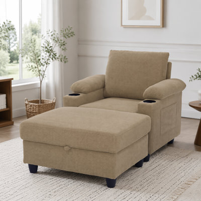 Ensemble de fauteuil d'appoint et repose-pieds avec rangement, méridienne convertible simple avec dossier inclinable, porte-gobelets, ports USB-C