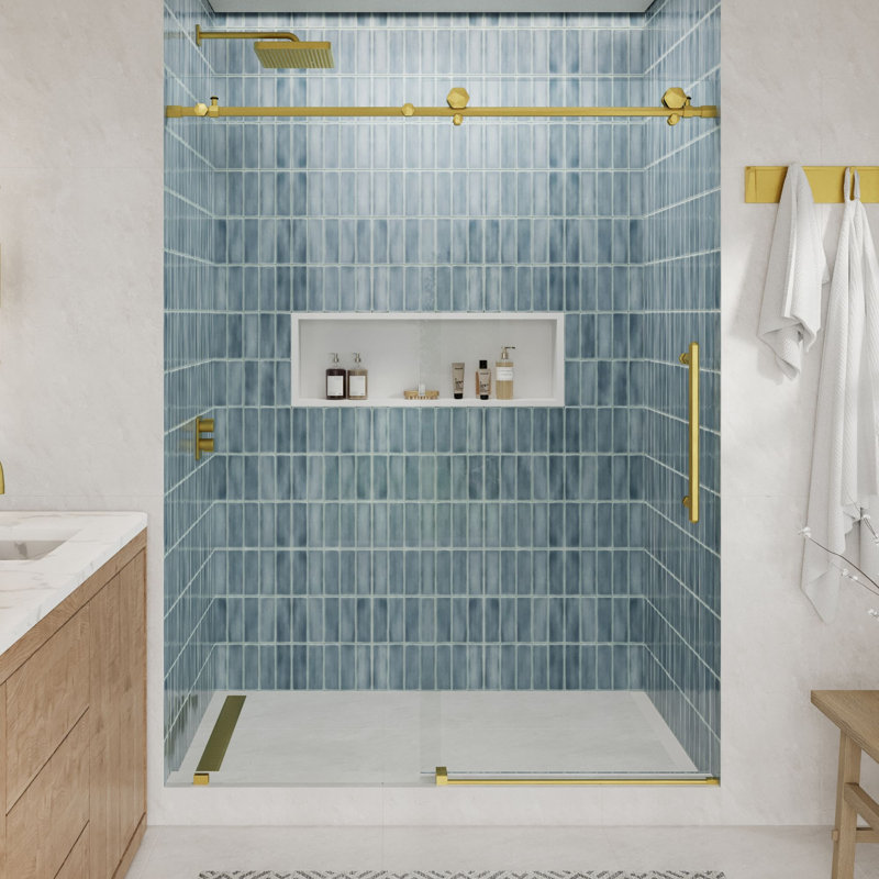 Diamant 44 - Porte de douche coulissante sans cadre 48 x 76 po en verre trempé transparent 3/8 po, Or satiné