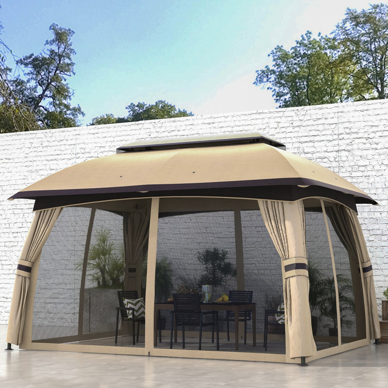 Pavillon de jardin beige 10 pi x 13 pi. Spacieux pour 8 personnes. Toit ventilé, jardin à cadre en acier, pelouse, cour et terrasse. Abri à assemblage requis. Et nécessaire