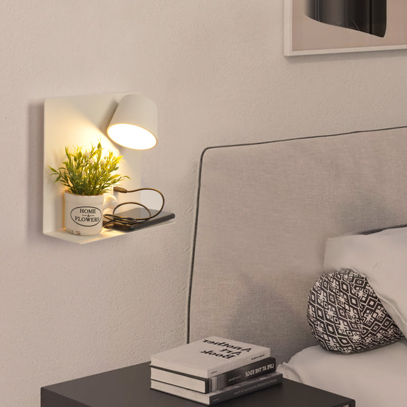 Appliques murales rotatives à bras pivotant à DEL avec port de charge USB et tablettes, blanc