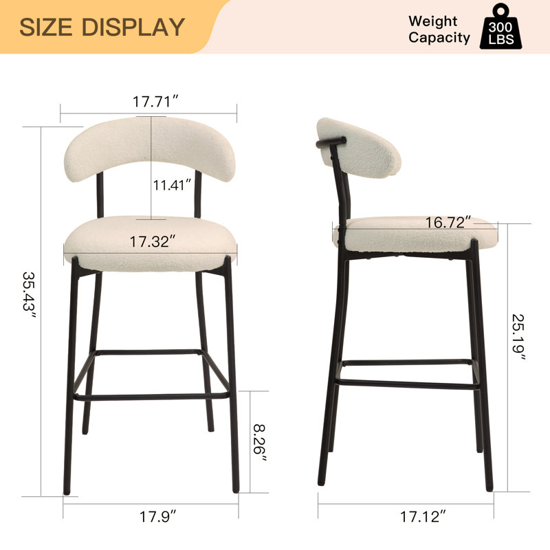 Tabouret de bar 26 po à hauteur de comptoir avec housse en tissu Teddy et îlot de cuisine avec base thermolaquée noire et repose-pieds