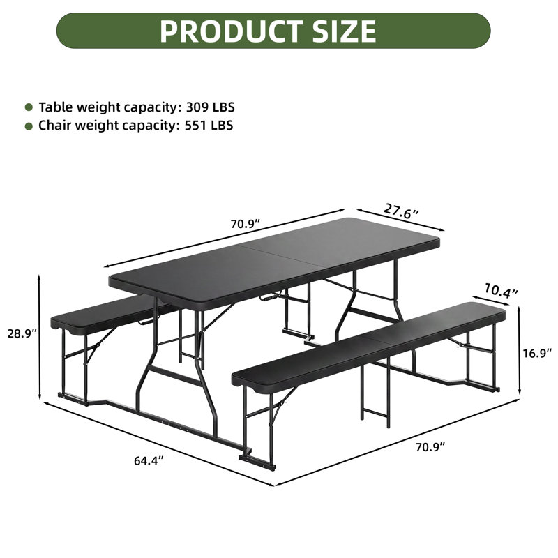 Ensemble de table de pique-nique d'extérieur pliable en résine 6 pi avec bancs, noir, Black, 6 pi