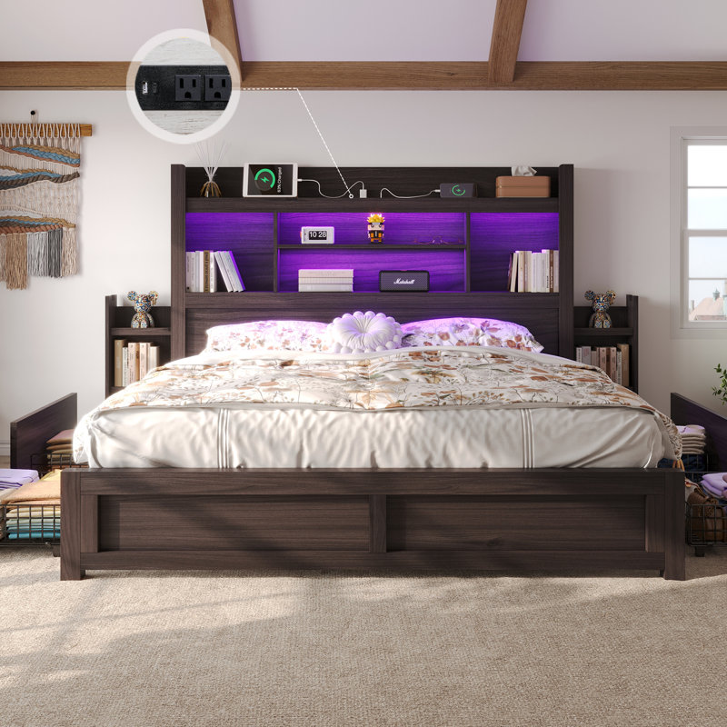 Farmhouse Bed Frame with Bookcase Headboard, 2 Detachable Racks, 4 Drawers & RGB LED, King, Black