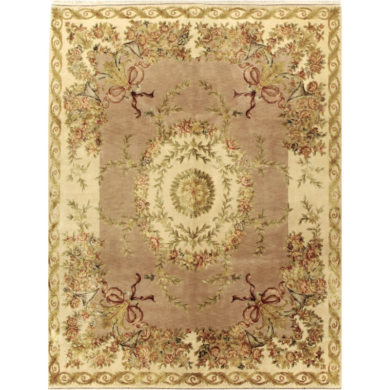 Tapis oriental rectangulaire noué à la main crème / ivoire / olive, Rectangle 6 pi x 9 pi