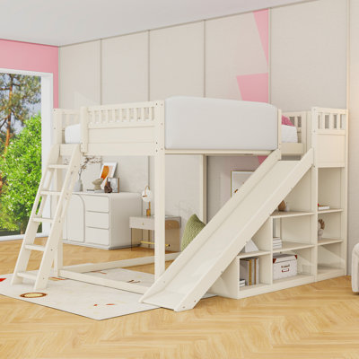 Loft Bed with Slide and Storage Shelves