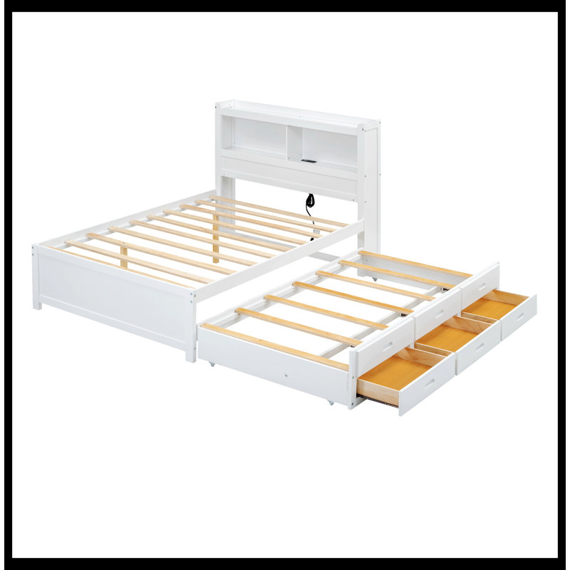 Margrid Bookcase Storage Bed with Trundle,Drawers and USB Plugs,Full Size Platform Bed, White