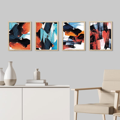 " Framed Grunge Red & Blue Paint Stroke Variety Set Of 4 Abstract Geometric Wall Decor Prints " 4 - Pieces