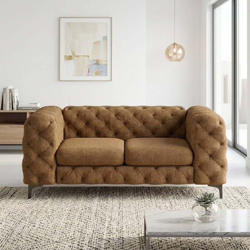 Willa Tufted Polyester Chesterfield Loveseat / Sofa with Black Metal Legs, Orange Polyester, 29.5" H x 70.5" W x 39" D, 2