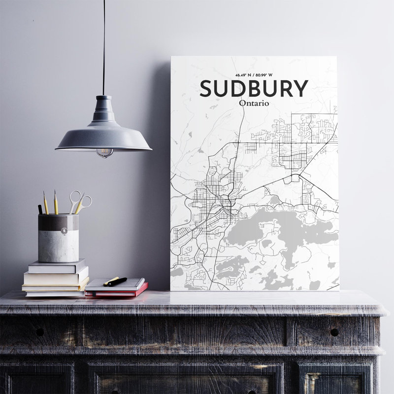Sudbury City Map, impression, H 27,6 po x l 19,7 po, Gris / blanc