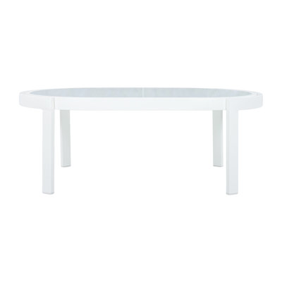 Table basse d'extérieur moderne avec plateau en verre trempé, structure en aluminium blanc, table de patio résistante aux intempéries pour la cour, la terrasse et le bord de la piscine