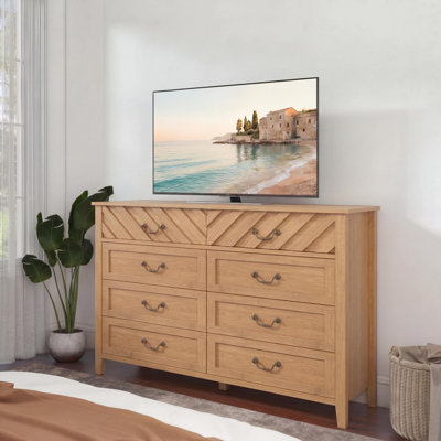 Meuble télé avec 6 tiroirs, meuble média moderne avec façade en V en 3D, meuble audio-vidéo en bois avec rangement pour le salon, appartement, entrée, brun