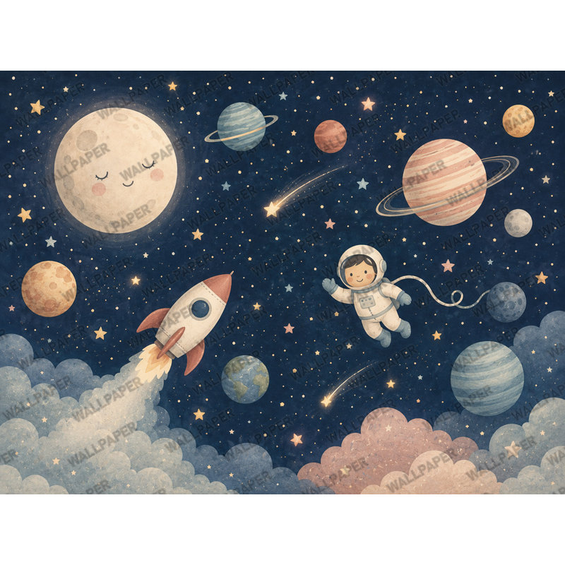 Papier peint mural aquarelle pour enfants représentant une fusée spatiale et des planètes, L 120 x L 80, Vinyle