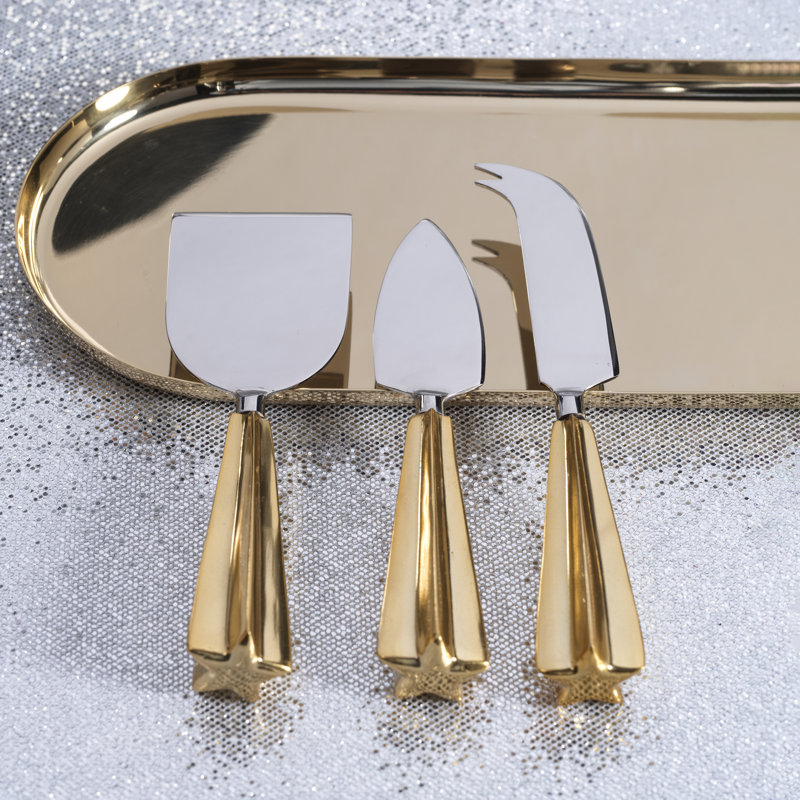 Two-Tone Star Polished Cheese Knife Set, Gold