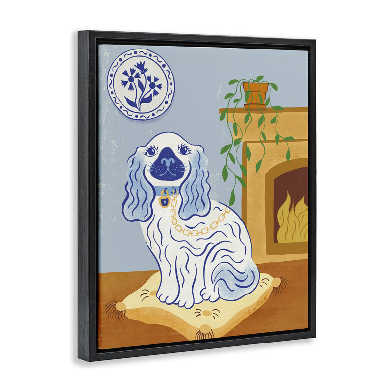 Cadre flottant bleu pour chien et foyer Staffordshire, design par Carrie Cantwell, H 21 po x l 17 po