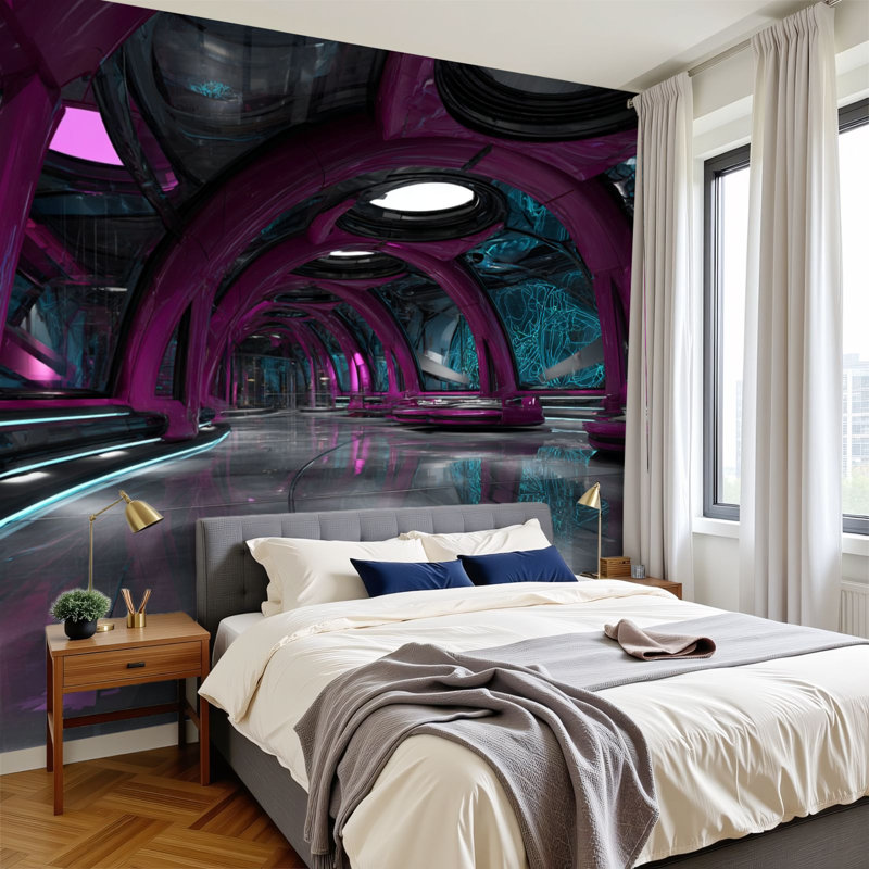 Papier peint pelez et collez immersive Sci Fi Lounge Glowing Circuit Wallals Futuristic Wall Walls, papier peint amovible en PVC H 100 po x l 144 po pour chambre à coucher, bureau à domicile, bureau à domicile