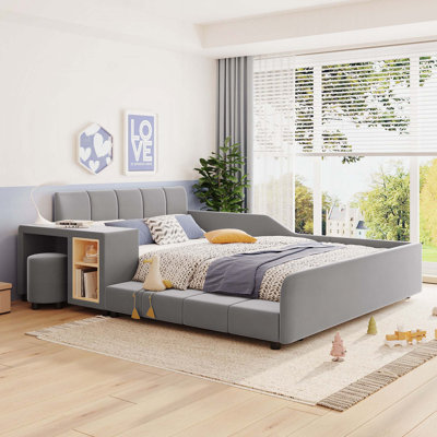 Velvet Upholstered Grounded Bed with Stool