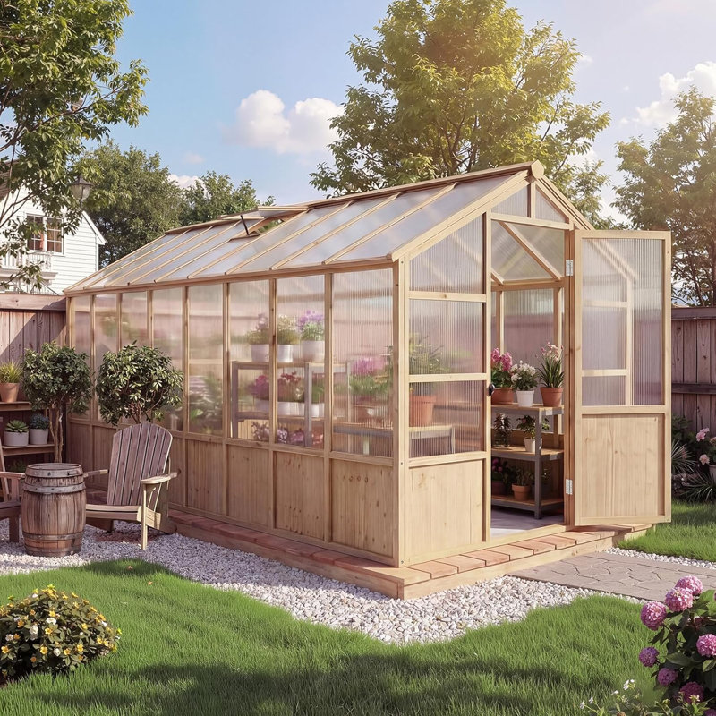 Wooden Greenhouse for Outdoor, Large Walk-in Greenhouse Kit with Ventilated Window, Door & Polycarbonate Panels, Heavy Duty Wood Frame Green House for Patio Garden Backyard