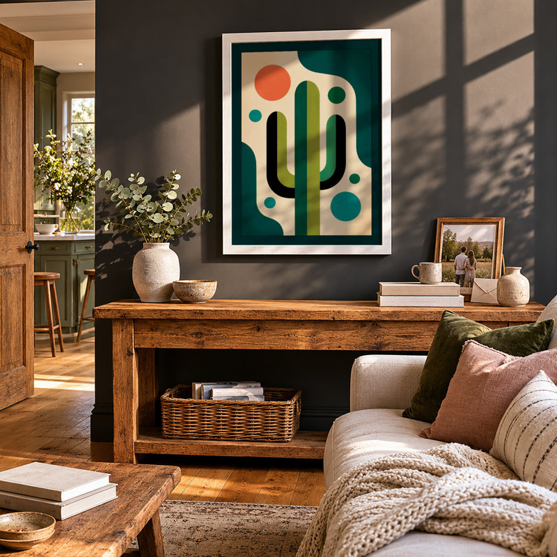 Geometric Cactus Mid-Century - Framed Print, A4 - 29.7 x 21.0 cm, White