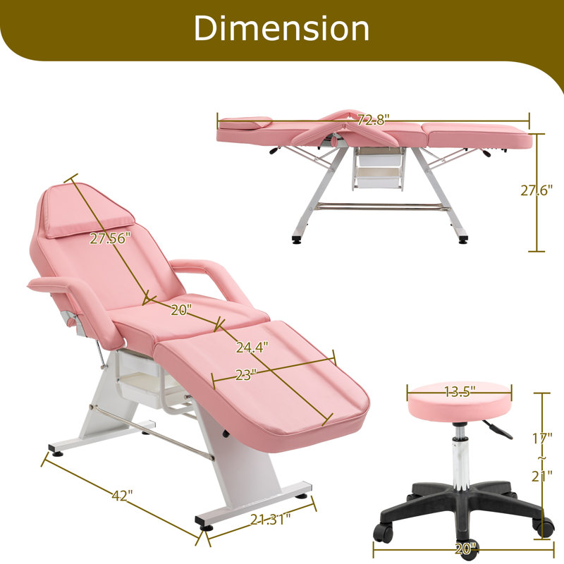 Massage Salon Tattoo Chair – 3-Section Adjustable Facial Bed With Two Trays & Hydraulic Stool, Multi-Purpose Spa Equipment