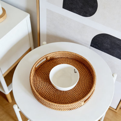 Handwoven Rattan Serving Tray With Handles, Round Decorative Coffee Table Tray, Wicker Fruit And Bread Basket For Home Decor