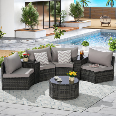 7 patio extérieur demi-lune avec table basse ronde. Coussins de siège robustes et confortables. Gris / gris Sièges modulaires en verre trempé à 4 couches résistant aux intempéries