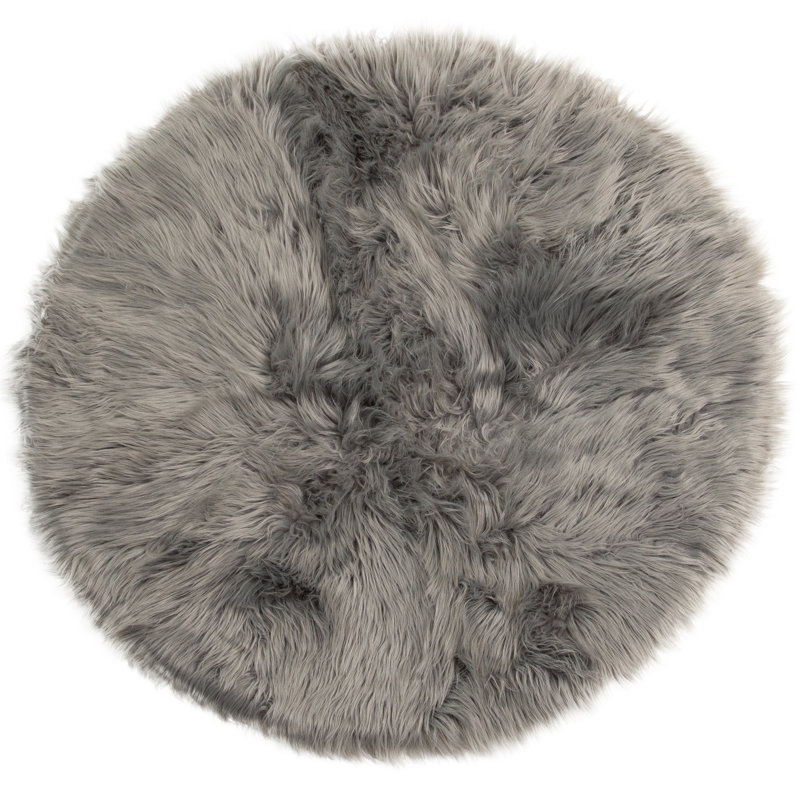 Diller Gray Faux Sheepskin Fur Machine Washable Shag Fluffy Area Rug, Round 5'