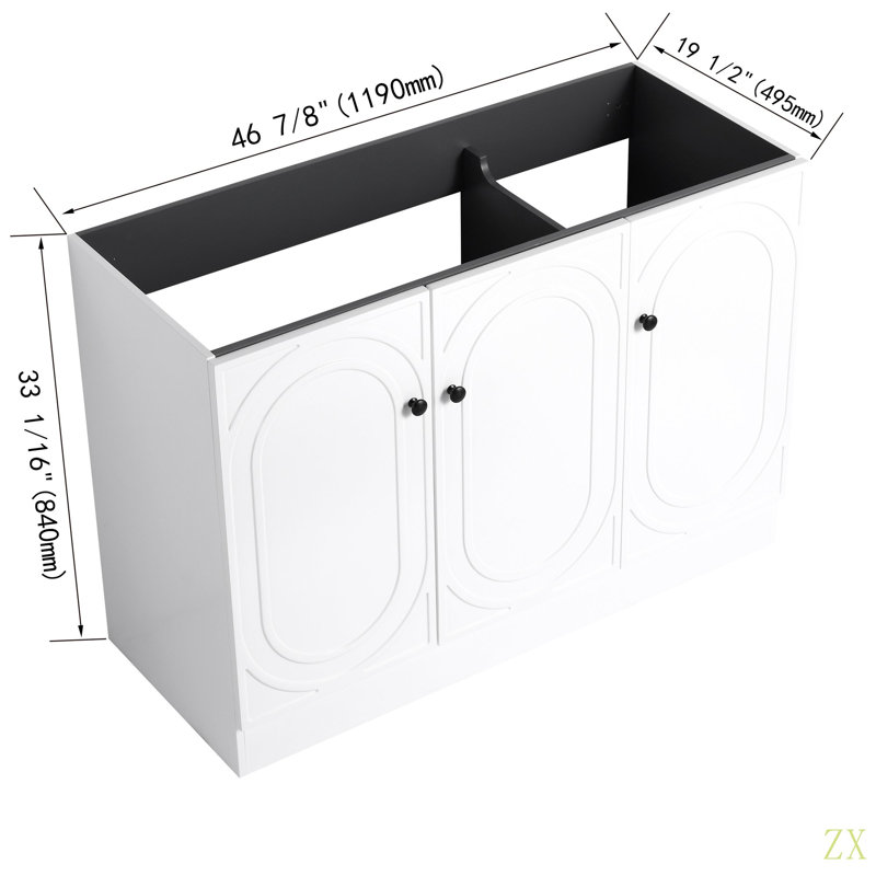 Meuble-lavabo autoportant 48 po et 3 portes d'armoire à fermeture en douceur (emballage KD) - sans le lavabo, Blanc